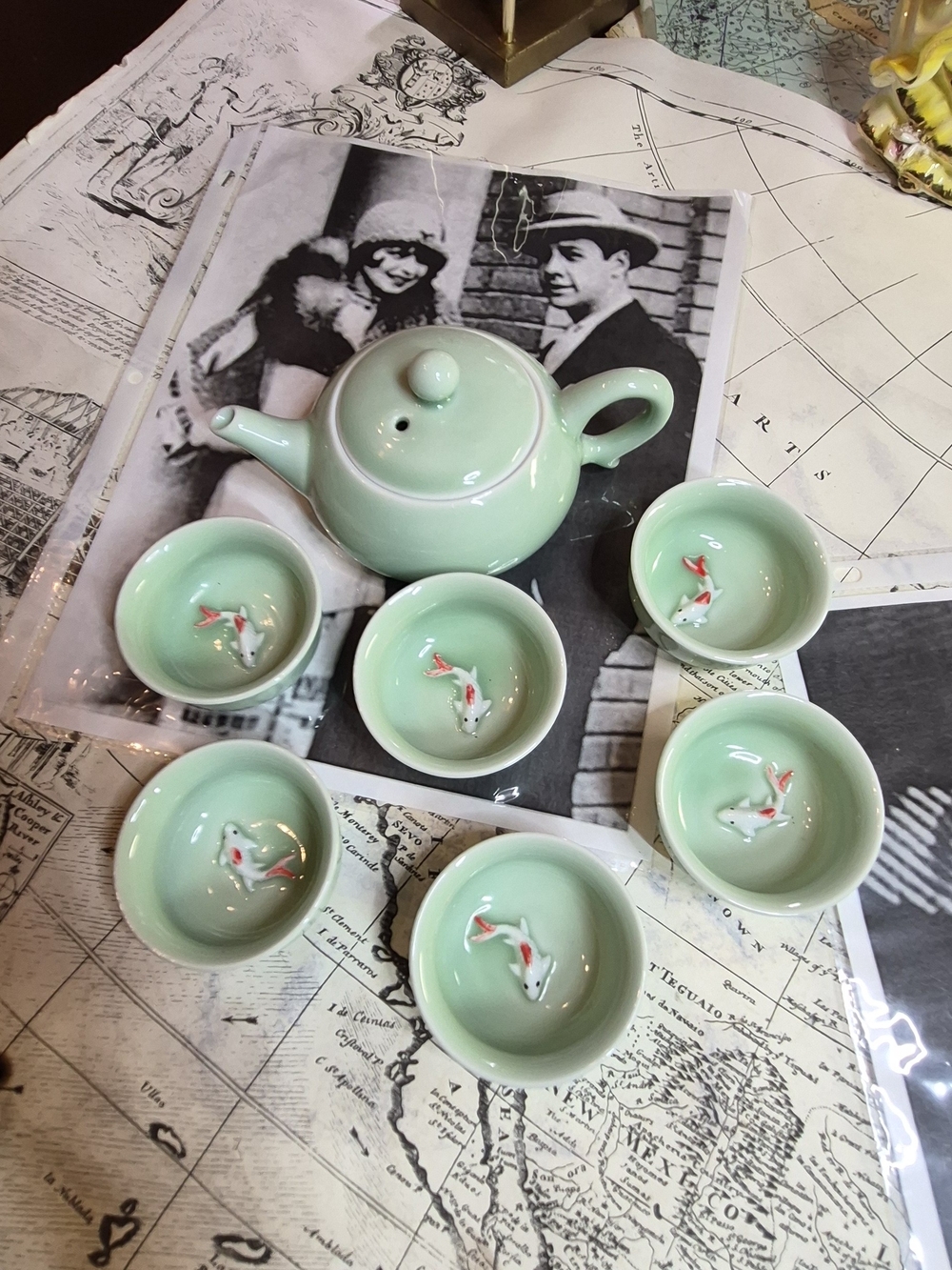 Mint Green Ceramic Teapot Set with Koi Motif - Home Art